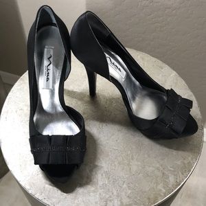 NINA- BLACK SATIN PEEP TOE STILETTOS